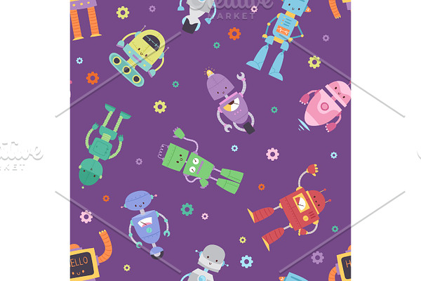 Robots and transformer androids cartoon toys character robotics machine cyborg vector seamless pattern background