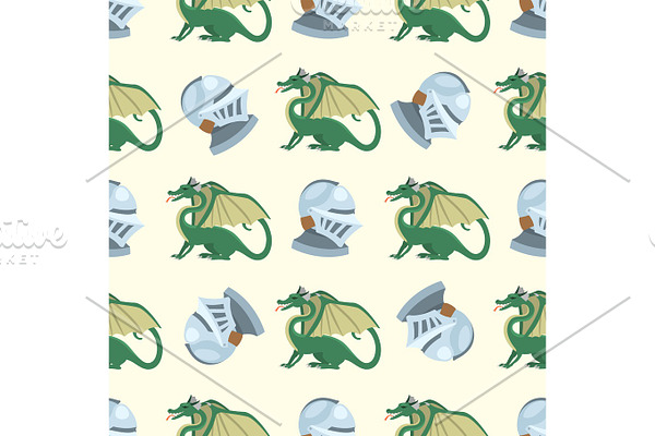 Fantasy knight dragon flying seamless pattern mythology monster background vector illustration.