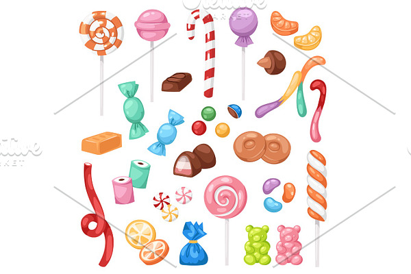 Cartoon sweet bonbon sweetmeats candy kids food sweets mega collection isolated on white background