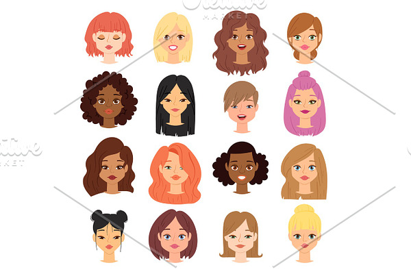 Different ethnic nationality affiliation woman head face vector icons.