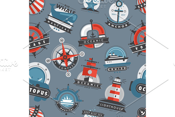 Nautical templates marine sea logo badges anchor design emblems graphics vector seamless pattern background