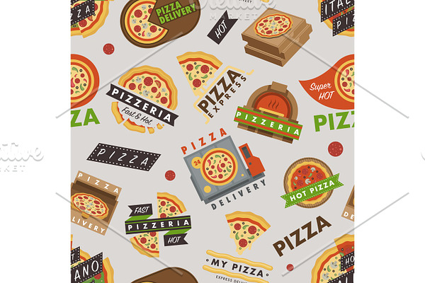 Delivery pizza logo badge pizzeria restaurant service fast food vector illustration seamless pattern background