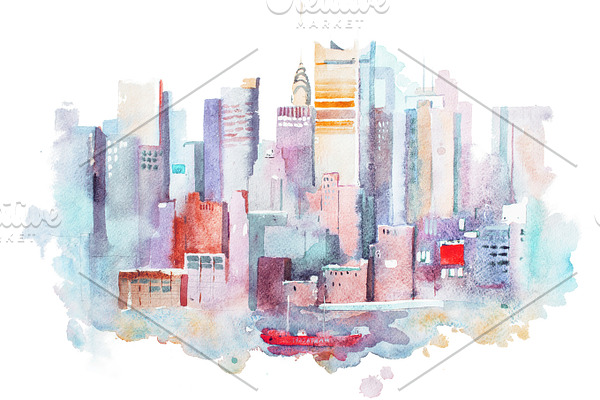 watercolor drawing of New York cityscape, USA. Manhattan aquarelle painting