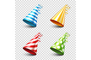 Party shiny hat with ribbon. Holiday decoration.Celebration.Birthday.Vector illustration on transparent background. Set.