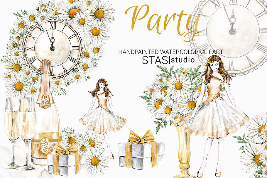 New Year Party Watercolor Clipart
