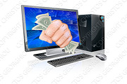 Computer with fist full of cash