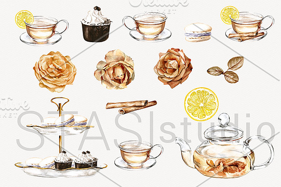 Tea Time Watercolor Clipart in Illustrations - product preview 1