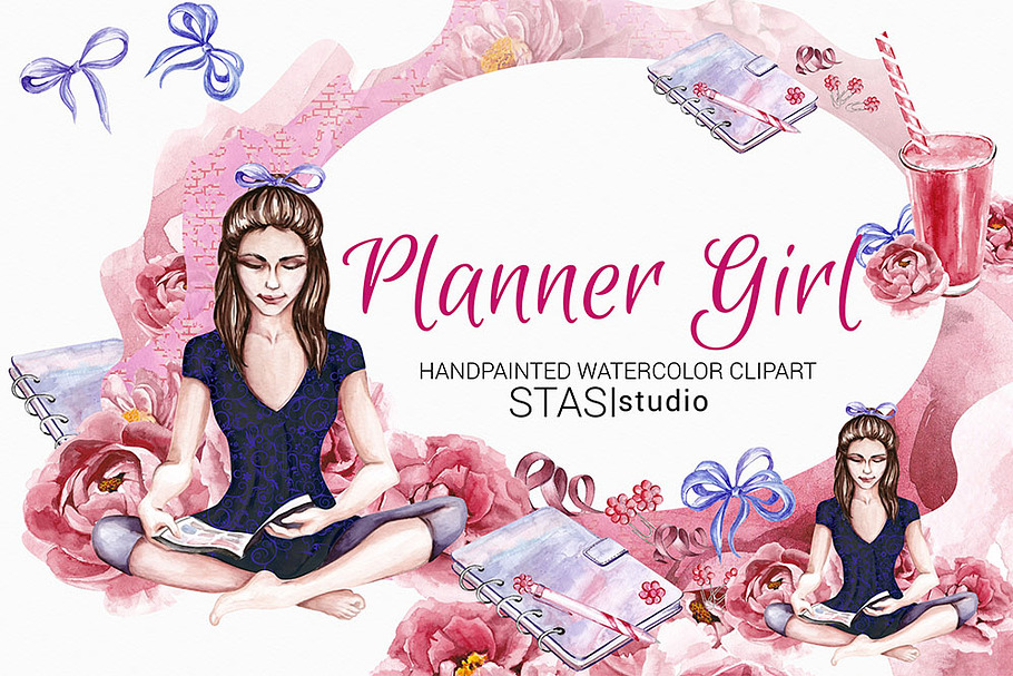 Planner Girl Watercolor Clipart in Illustrations - product preview 8
