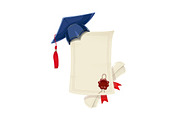 Blue academicic graduation cap with diploma blank and scroll