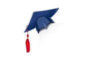 Blue academicic graduation cap on paper corner