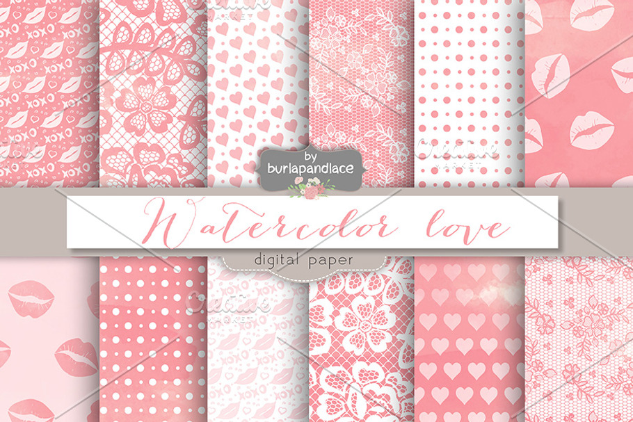 Watercolor Valentine Digital Paper in Patterns - product preview 8