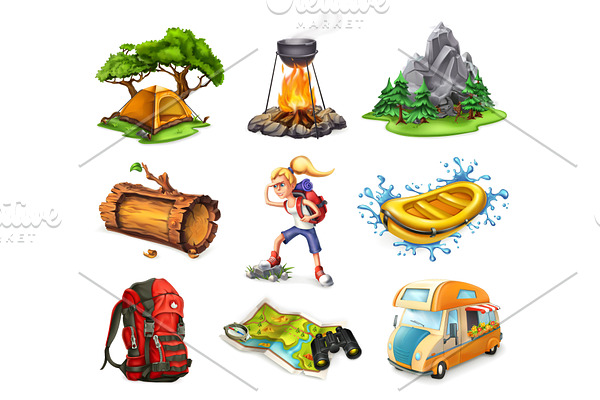 Camp and adventure, vector set