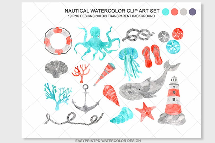 Watercolor Nautical Clip Art in Illustrations - product preview 8