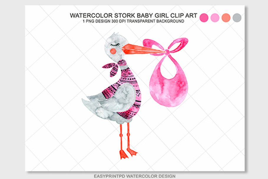 Watercolor Stork Baby Girl Clip Art