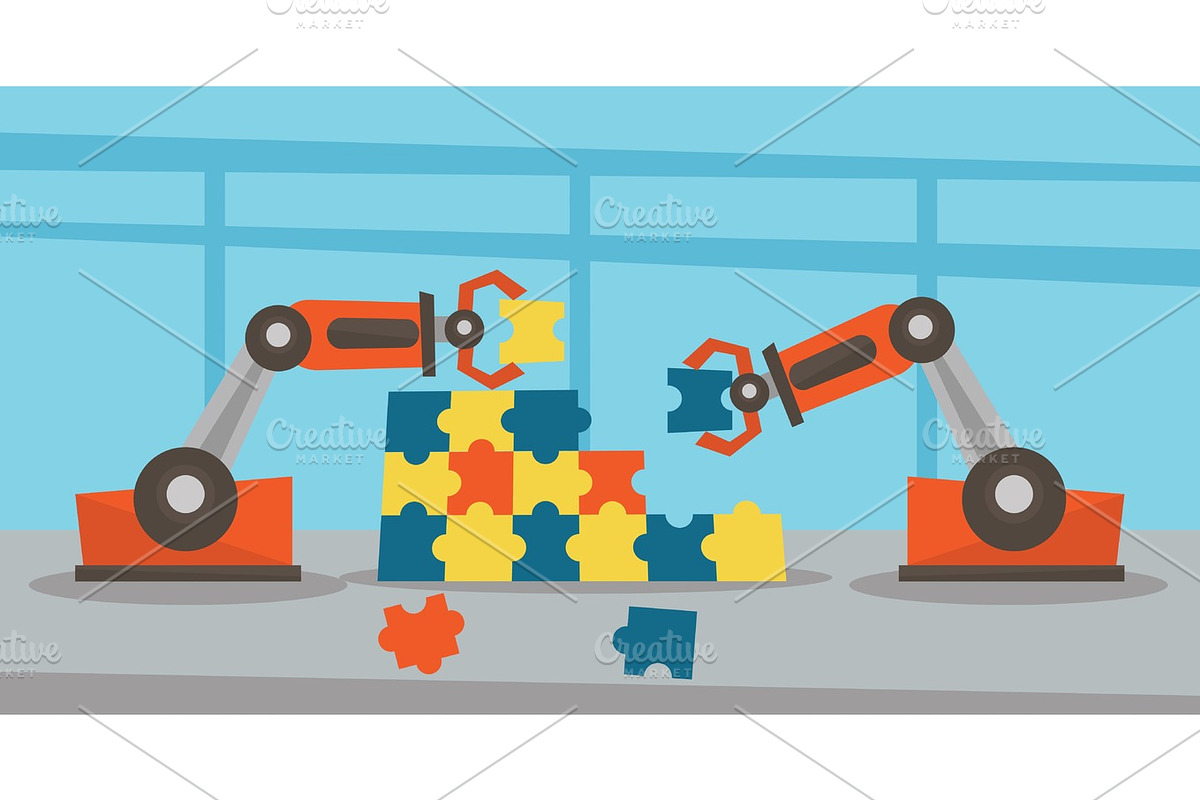 Two robotic arms building a colorful puzzle. in Illustrations - product preview 8
