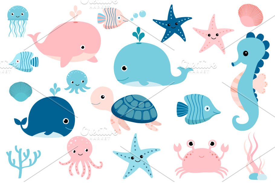 Cute sea animals clip art set in Illustrations - product preview 8