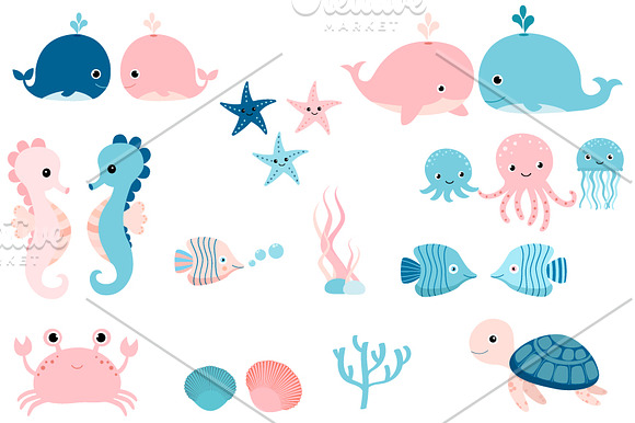 Cute sea animals clip art set in Illustrations - product preview 1