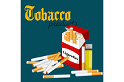 smoking tobacco cigarette with filter in red box and lighter vector illustration