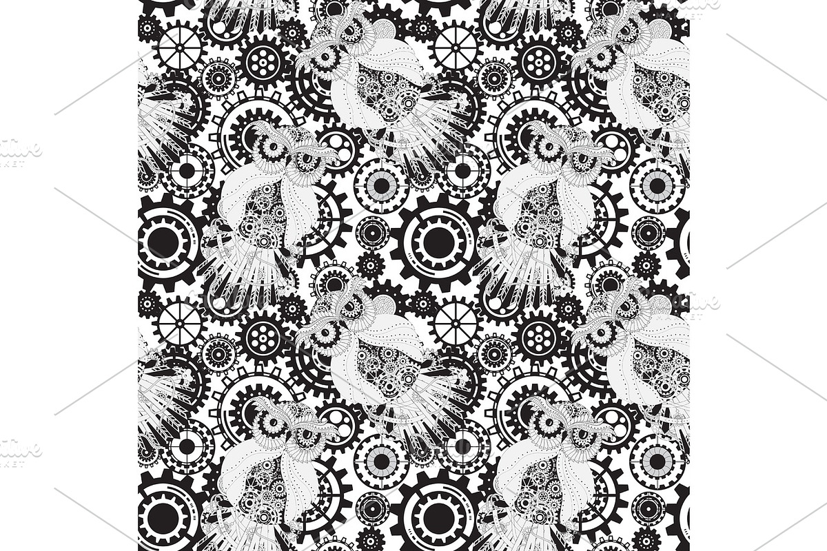 Black vector gears, steampunk seamless pattern. Owl with gear. in Illustrations - product preview 8