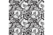 Black vector gears, steampunk seamless pattern. Owl with gear.