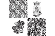 Set of seamless pattern, abstract steampunk owl and gears.