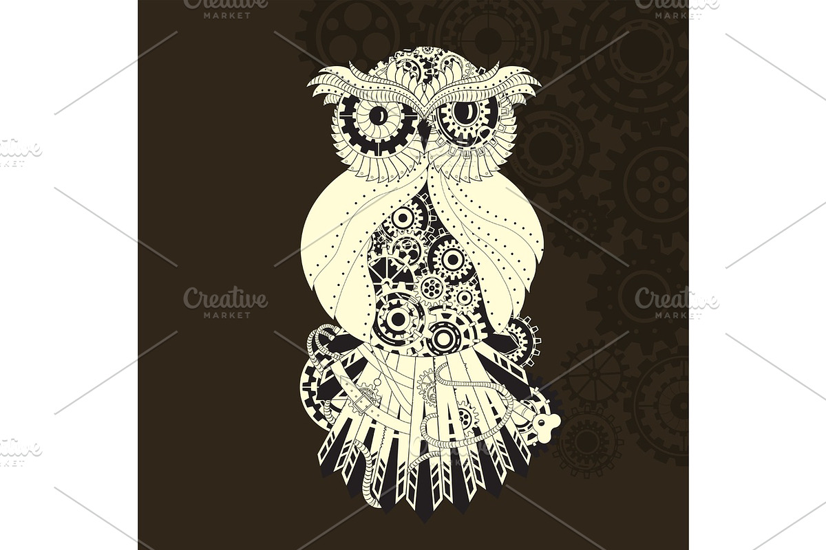 steampunk metal machine owl made from gears technology, vintage graphics design backgrounds vector illustration, antique fantasy bird with rust in Illustrations - product preview 8