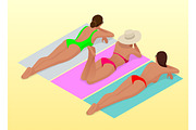 Beautiful young slim woman sunbathe on the beach on a sunbed near the sea, beach, summer vacation, sexy girl Isometric people vector illustration.