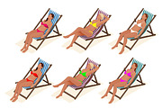 Beautiful young slim woman sunbathe on the beach on a sunbed near the sea, beach, summer vacation, sexy girl Isometric people vector illustration.