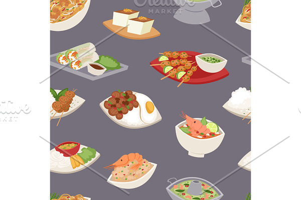 Traditional thai food asian plate cuisine thailand seafood cooking seamless pattern background vector illustration.