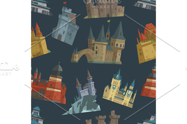 Cartoon fairy tale castle key-stone palace tower architecture building seamless pattern background vector