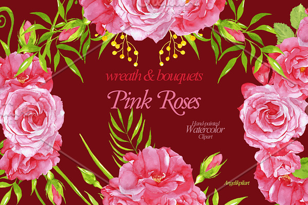 watercolor PinkRoses wreath&bouquets