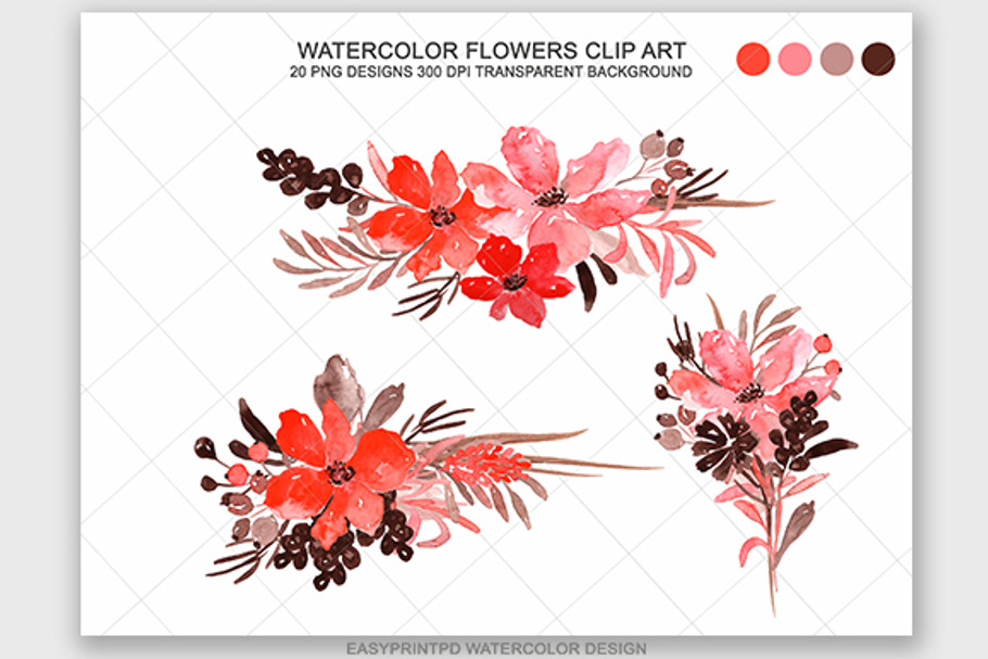 Red Watercolor Flowers Clip Art