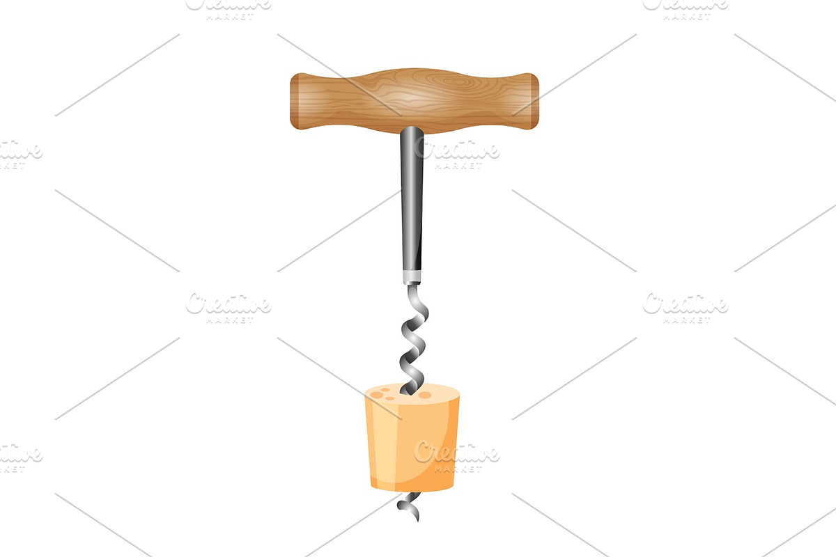 Corkscrew with wood cork vector illustration isolated on white in Illustrations - product preview 8