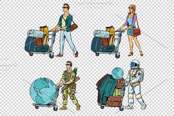 Set travelers man woman soldier and astronaut