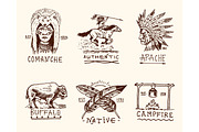 set of engraved vintage, hand drawn, old, labels or badges for indian or native american. buffalo, face with feathers, horse rider, apache or comanche, campfire and authentic.