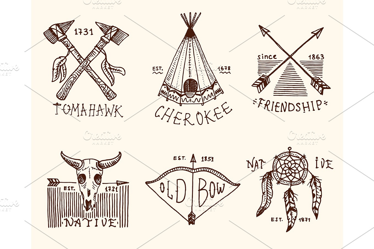 set of engraved vintage, hand drawn, old, labels or badges for indian or native american. buffalo, axes and tent, arrows and bow, skull, Dreamcatcher and cherokee, tomahawk. in Illustrations - product preview 8