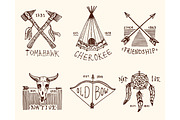 set of engraved vintage, hand drawn, old, labels or badges for indian or native american. buffalo, axes and tent, arrows and bow, skull, Dreamcatcher and cherokee, tomahawk.