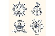 set of engraved vintage, hand drawn, old, labels or badges for anchor, steering wheel, captains cap, compass. Marine and nautical or sea, ocean emblems. always home.