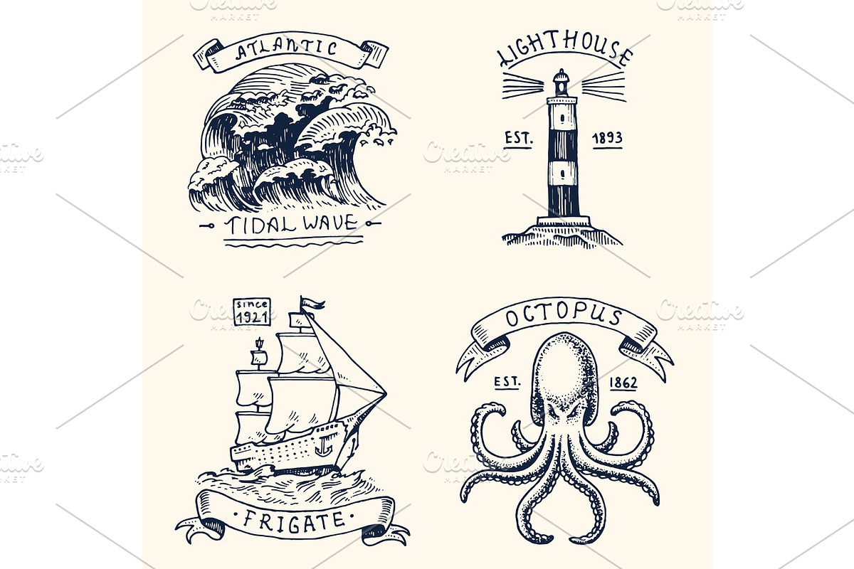 set of engraved vintage, hand drawn, old, labels or badges for atlantic tidal wave, lighthouse and octopus or sea creature, frigate or ship. Marine and nautical or sea, ocean emblems. in Illustrations - product preview 8