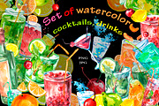Watercolor set of cocktail, drinks