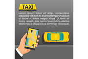 Hand hold phone with interface on a screen booking taxi service.