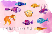 Watercolor funny fishes
