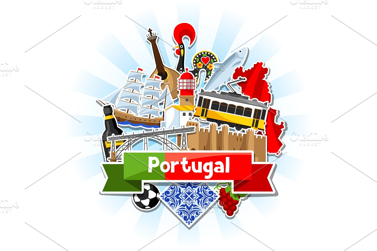 Portugal background with stickers. Portuguese national traditional symbols and objects in Illustrations - product preview 8