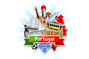 Portugal background with stickers. Portuguese national traditional symbols and objects