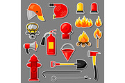 Set of firefighting stickers. Fire protection equipment