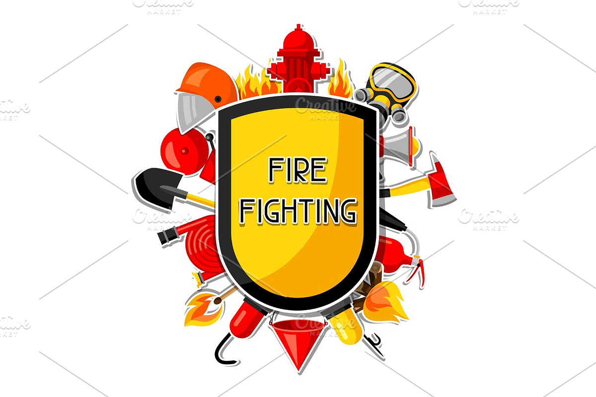 Badge with firefighting sticker items. Fire protection equipment in Objects - product preview 8