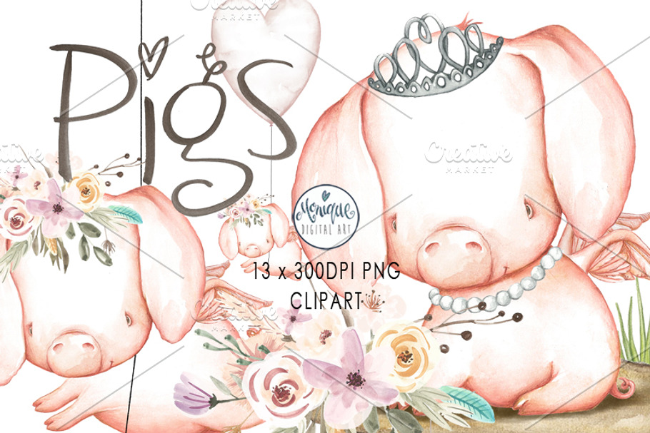 cute pig clipart watercolor in Illustrations - product preview 8