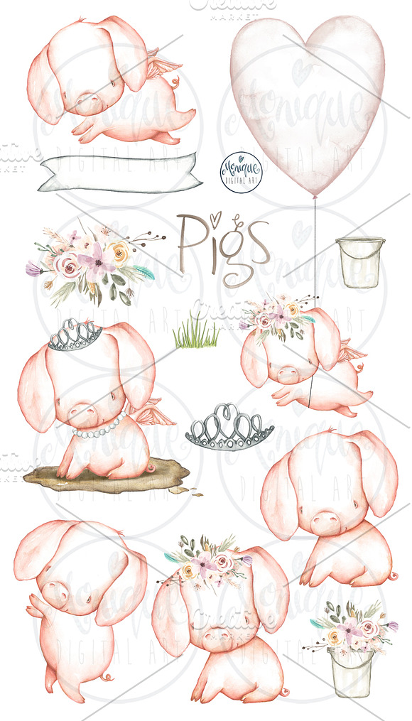 cute pig clipart watercolor in Illustrations - product preview 1