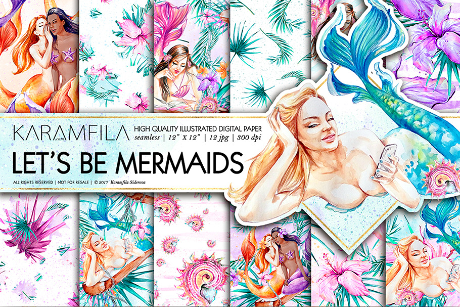 Mermaids Digital Paper in Illustrations - product preview 8