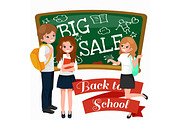 Back to School summer sale background. Boy and girl at the blackboard, education concept banner
